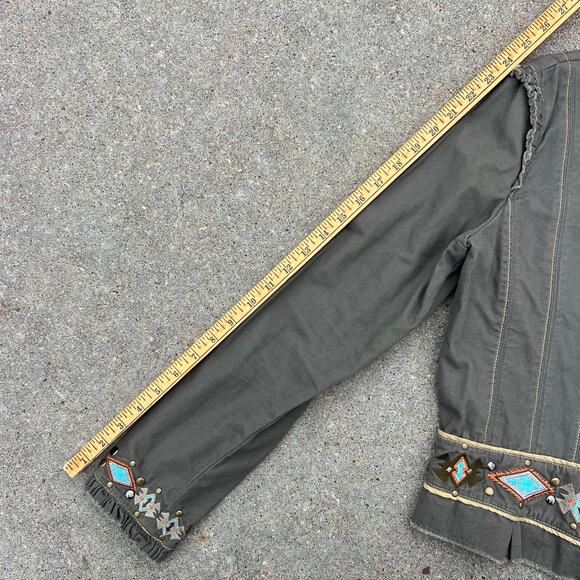 Miss Me Aztec Southwestern Stud Olive Canvas Military Jacket Ruffles LARGE - Picture 11 of 12